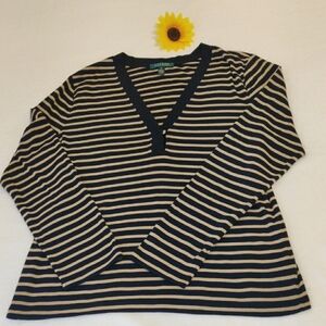 Lauren Ralph Lauren.Striped V-Neck Long Sleeve Top. 100% Cotton